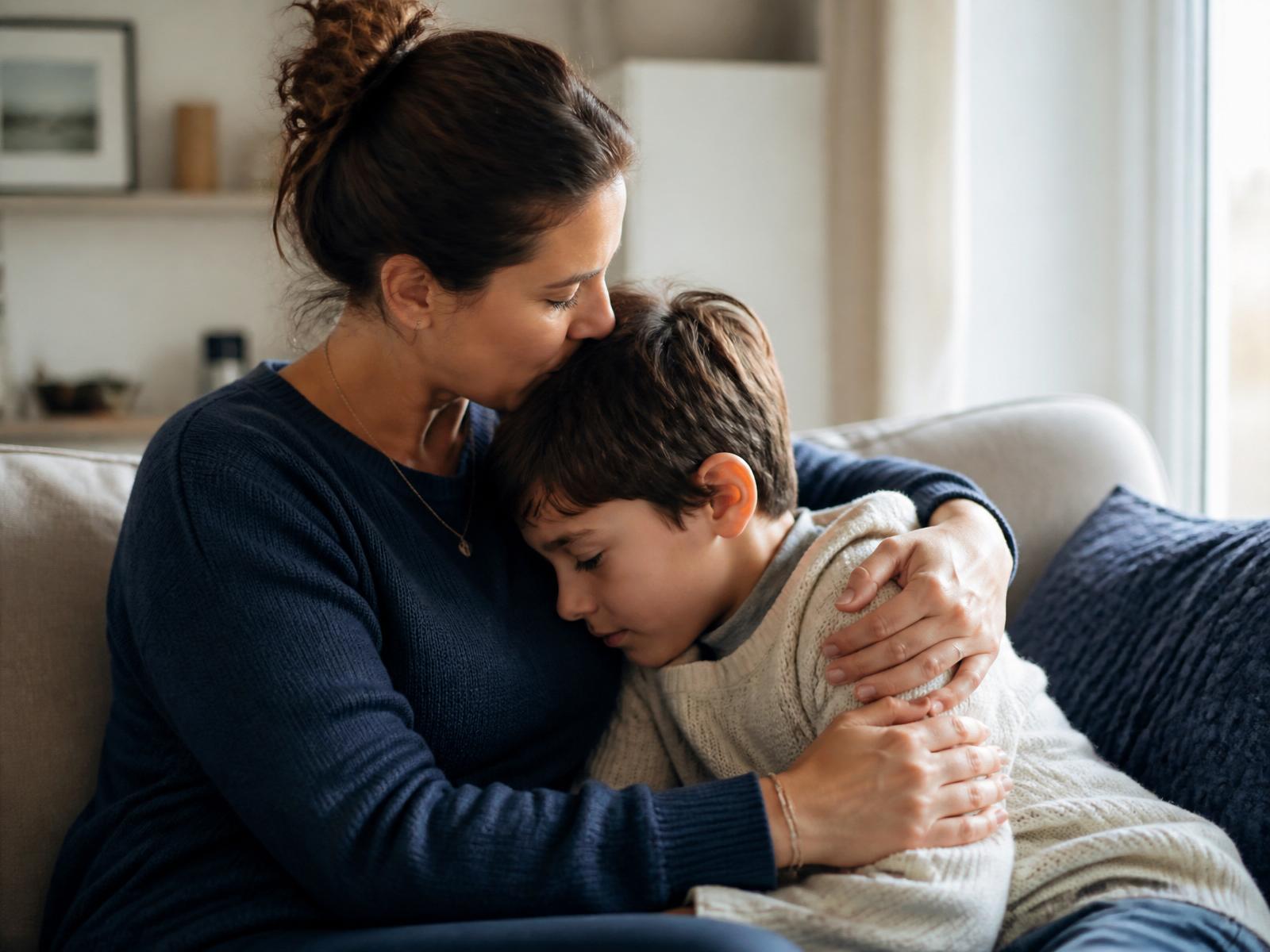 Mother comforting her child at home